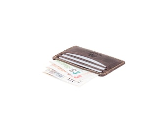 May include: A brown leather wallet with multiple card slots and a billfold. The wallet is open and has several bills inside.