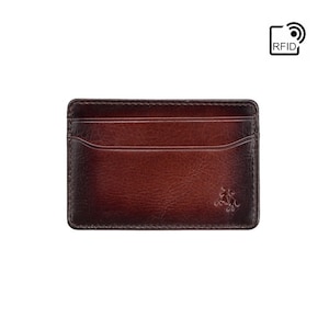 Carteira fina para cartão com bloqueio RFID da VISCONTI - Porta-cartões fino de couro feito à mão com couro queimado bege - Carteira com bolso frontal - Evan AT54