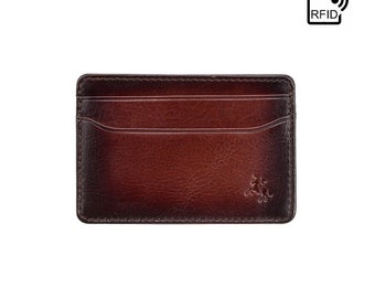 RFID Blocking Slim Card Wallet by VISCONTI - Slim Leather Card Holder Handmade With Tan Burnished Leather - Front Pocket Wallet - Evan AT54