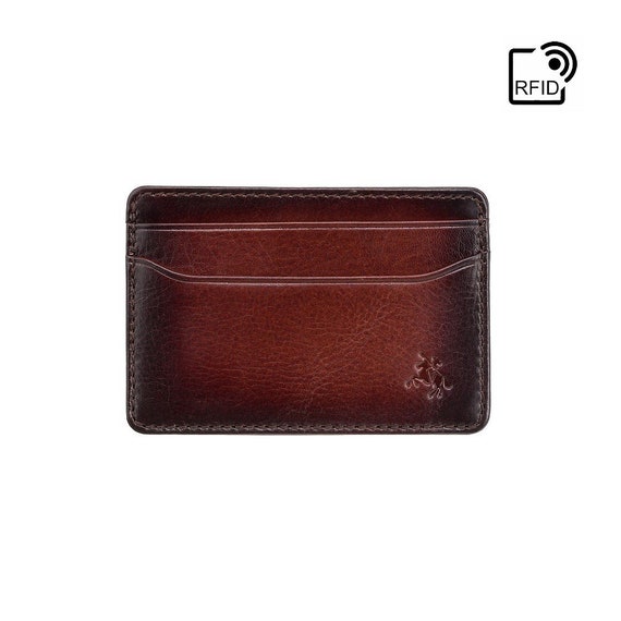 RFID Blocking Slim Card Wallet by VISCONTI - Slim Leather Card Holder Handmade With Tan Burnished Leather - Front Pocket Wallet - Evan AT54