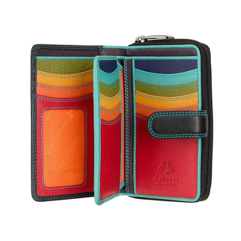 May include: A multi-coloured leather wallet featuring a black exterior with a zip closure. The interior displays various card slots in shades of green, yellow, orange, and blue, alongside a red section with the embossed Visconti logo and text.