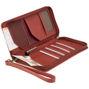 Cartera de viaje de cuero RFID con correa para la muñeca - Marrón - Funda para pasaporte - Soporte para pasaporte - Soporte para documentos de viaje - Cartera de viaje Zip