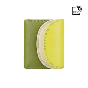 Monedero compacto con bloqueo RFID - Monedero de cuero lindo y pequeño arcoíris - Monedero para efectivo y tarjetas para damas - Cuero verde - RB126