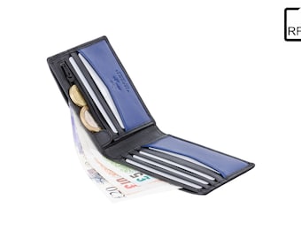 VISCONTI - Schmale Leder Geldbörse mit RFID - Schwarz/Blau - Kartenhalter Geldbörse - Münzhalter Geldbörse - Leder Geldbörsen für Herren - VSL20 - Premium