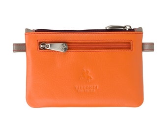 Orange Mini Geldbörse mit Reißverschlüssen und Schlüsselring - Handgemachte Geldbörse aus echtem Leder von VISCONTI - Cora - CP2