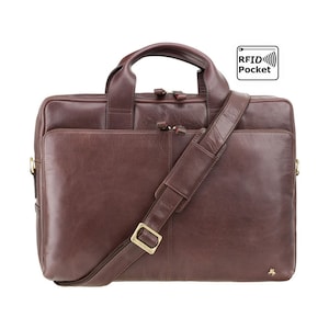 VISCONTI Merlin Messengers - Hugo - Brown - Natural Full Grain Leather 15" Laptop Bag with RFID - Luxury Laptop Case -  ML31