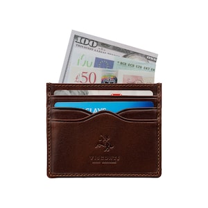 Carteira Italiana Marrom Luxo Slim - Porta-cartões de couro super fino - Couro Premium Veg Tan feito à mão - MZ1