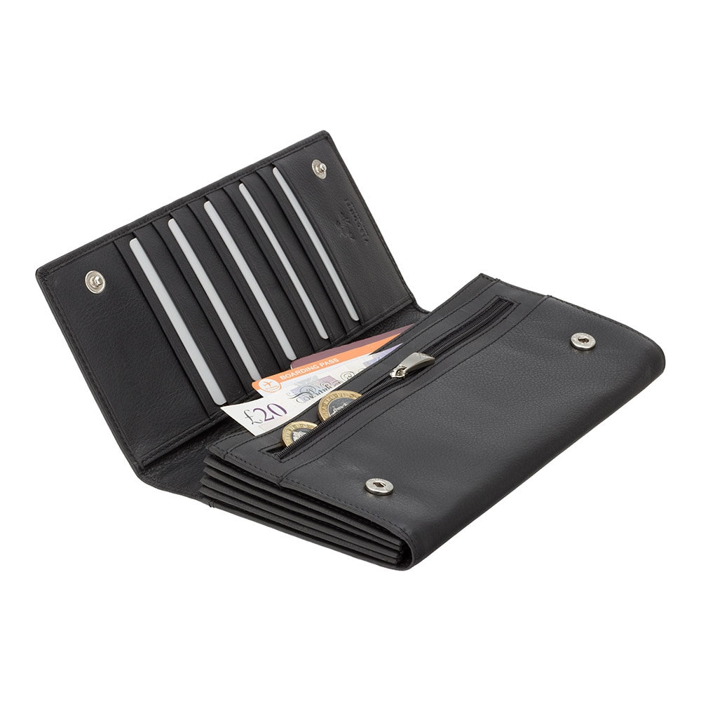 VISCONTI RFID Leather Travel Wallet Purse - Black - Passport Cover - Passport Holder - Travel Document Holder - Travel Wallet Button - 1179