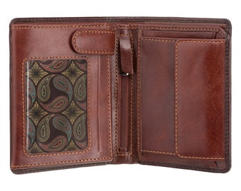 May include: A brown leather wallet with a zippered compartment and a paisley patterned ID window. The wallet is open and the interior is visible.