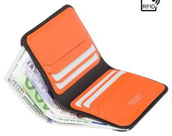 RFID Slim Leather Wallet - Black / Orange - Card Holder Wallet - Minimalist Wallet - Leather Wallets for Men - VSL34 - Gift Boxed - VISCONTI