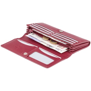 Ladies RFID Blocking Large Leather Purse - Button Close Matinee Design - Red Wallet - HT35