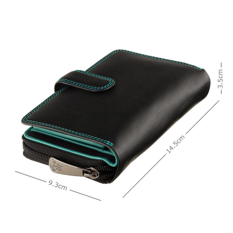 May include: A black leather wallet with teal stitching and interior accents, featuring a snap closure and a zippered compartment with a metal pull tab. The wallet measures 14.5 cm in length, 9.3 cm in width, and 3.5 cm in depth as indicated.
