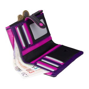Black/Purple Wallet Purse - Ladies Wallet - Black - Womens Wallets - Genuine Leather - Button Close Purse - M87 Malabu