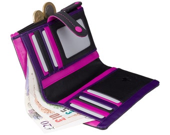 Black/Purple Wallet Purse - Ladies Wallet - Black - Womens Wallets - Genuine Leather - Button Close Purse - M87 Malabu