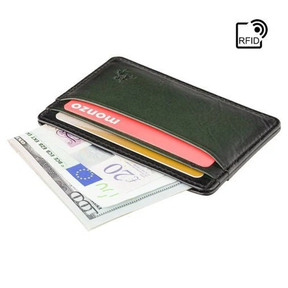 RFID Blocking Slim Card Wallet by VISCONTI Slim Leather Card Holder  Handmade Burnished Green Leather Front Pocket Wallet Evan AT54 