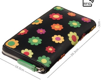 Flower Leather Zip Around Purse - Womens Purses - Leather Purse - Wallets for Ladies - RFID Blocking Purse - Colorful Purses - DS85 Visconti
