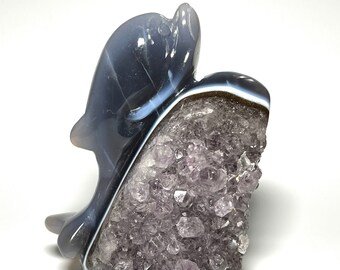 Stunning Agate Dolphin Carving with Amethyst Cluster - Rare!