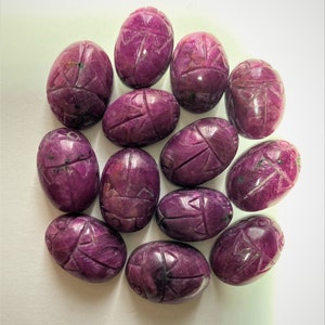 May include: A collection of carved, oval-shaped, deep magenta gemstones. Each stone is intricately carved with geometric patterns and insect-like details, resembling scarab beetles. The gemstones are arranged in a circular pattern against a white background.
