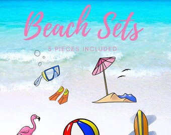 Beach Set Clipart with Goggles, Umbrella, Flamingo, Beachball, and Surfboard for personal and commercial use 5 pieces