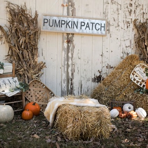 May include: A rustic autumn scene with a white wooden barn door, hay bales, and pumpkins. A sign reads "Pumpkin Patch".