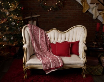 Christmas Living Room Set with tree, presents, stockings, milk, cookies, and vintage sofa digital backdrop/digital background