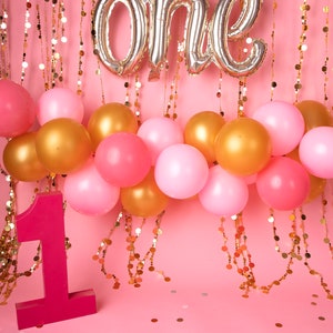 Pink First Birthday Digital Background/backdrop with balloon garland in gold, light pink, and dark pink