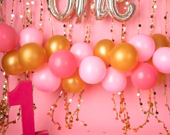 Pink First Birthday Digital Background/backdrop with balloon garland in gold, light pink, and dark pink
