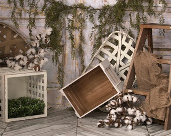 Farmhouse crates, cotton, shiplap, old doors, digital background/digital backdrop