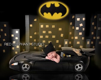 Superhero Batman Mobile with Cityscape Digital Backdrop/Digital Background