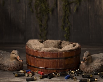 Duck Decoy Basket on Brown Wood with shells, bullets, Newborn/Baby/Toddler Digital Background/Digital Backdrop