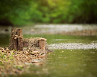 Set of 2 Dock by the creek with fishing net with and without light leak digital backdrop/digital background /overlay