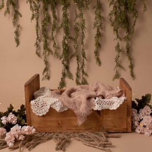 Simple Wooden Bed with Greenery, Flowers, and Twinkle Lights Mauva Pink/Brown/Natural Tones Digital Background/Digital Backdrop