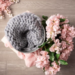 Newborn Swaddle Basket with hanging pink flowers, gray and light pink digital background/digital backdrop