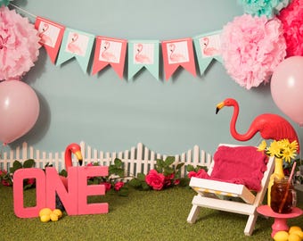 2 Set Digital Background/Backdrop of Flamingo First Birthday Pink/ Teal Setup