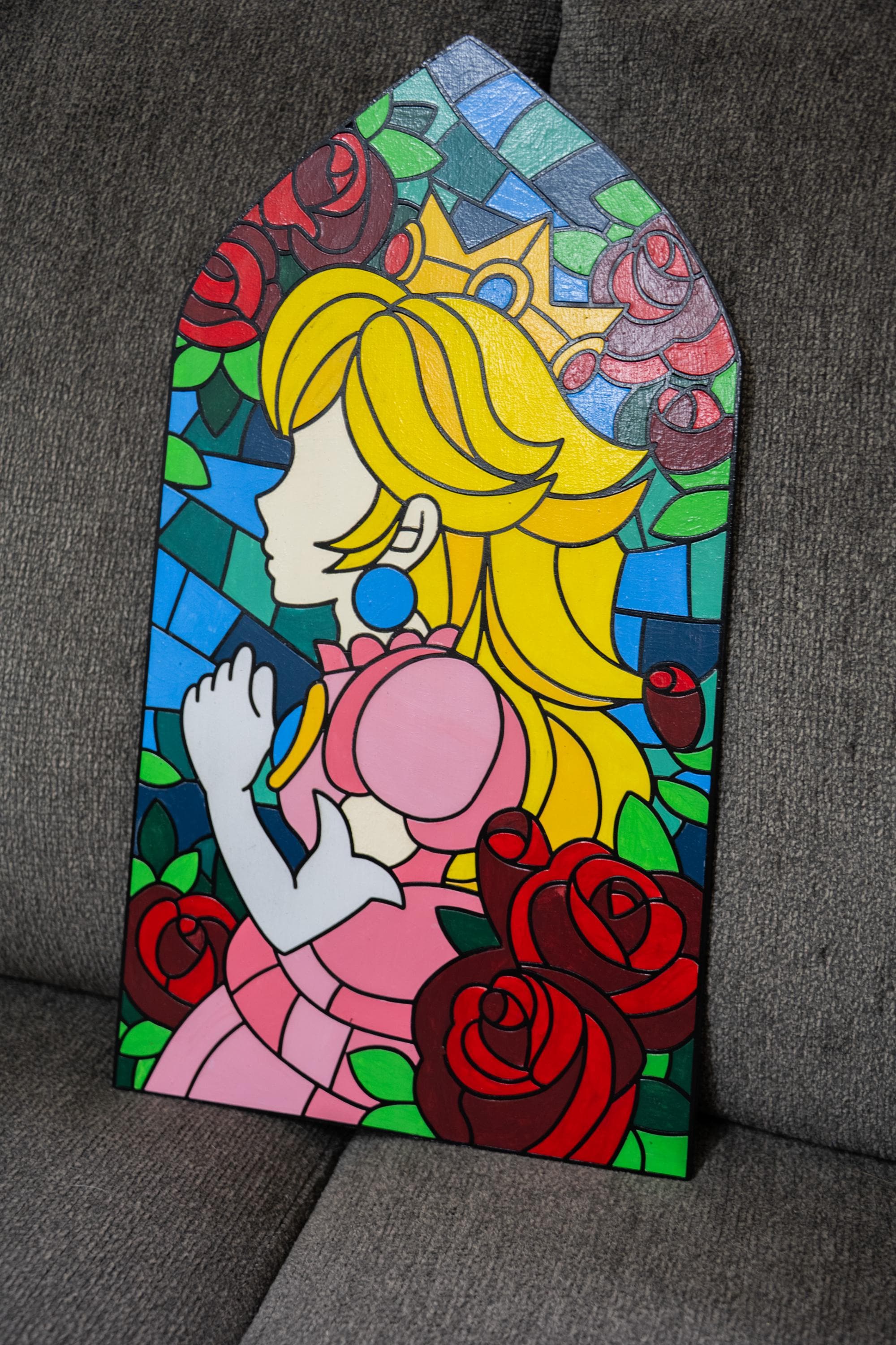 Princess Peach Stained Glass Handpainted Wood Wall Decoration