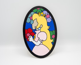 Princess Peach Faux Stained Glass Handpainted Wood Wall Decoration