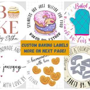 May include: Six different round baking labels with various designs. The labels feature a donut, a cookie cutter, a heart, a cupcake, a mitten, and the word "Bake". The labels are all white with black text and colorful illustrations.