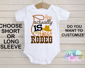 First Rodeo Retro Western One Piece Bodysuit with Buckaroo Cowboy on Horse Cute Southwestern or Western themed baby Onesie\u2122