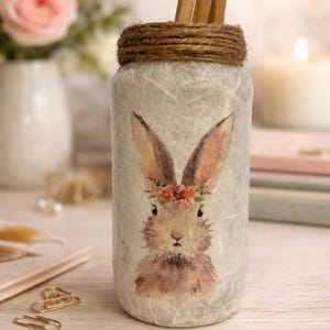 Decoupaged Hare Pen Pot, Upcycled Glass Jar Desk Organizer