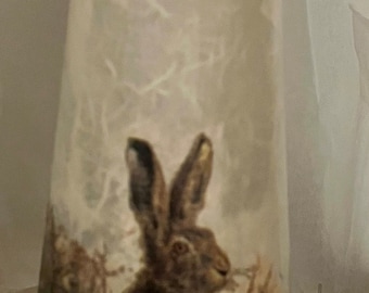 Brown Hare Vase, Decoupaged Glass Vase