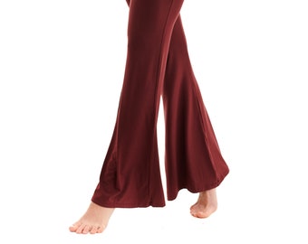 May include: A pair of maroon wide-leg pants with a high waist.