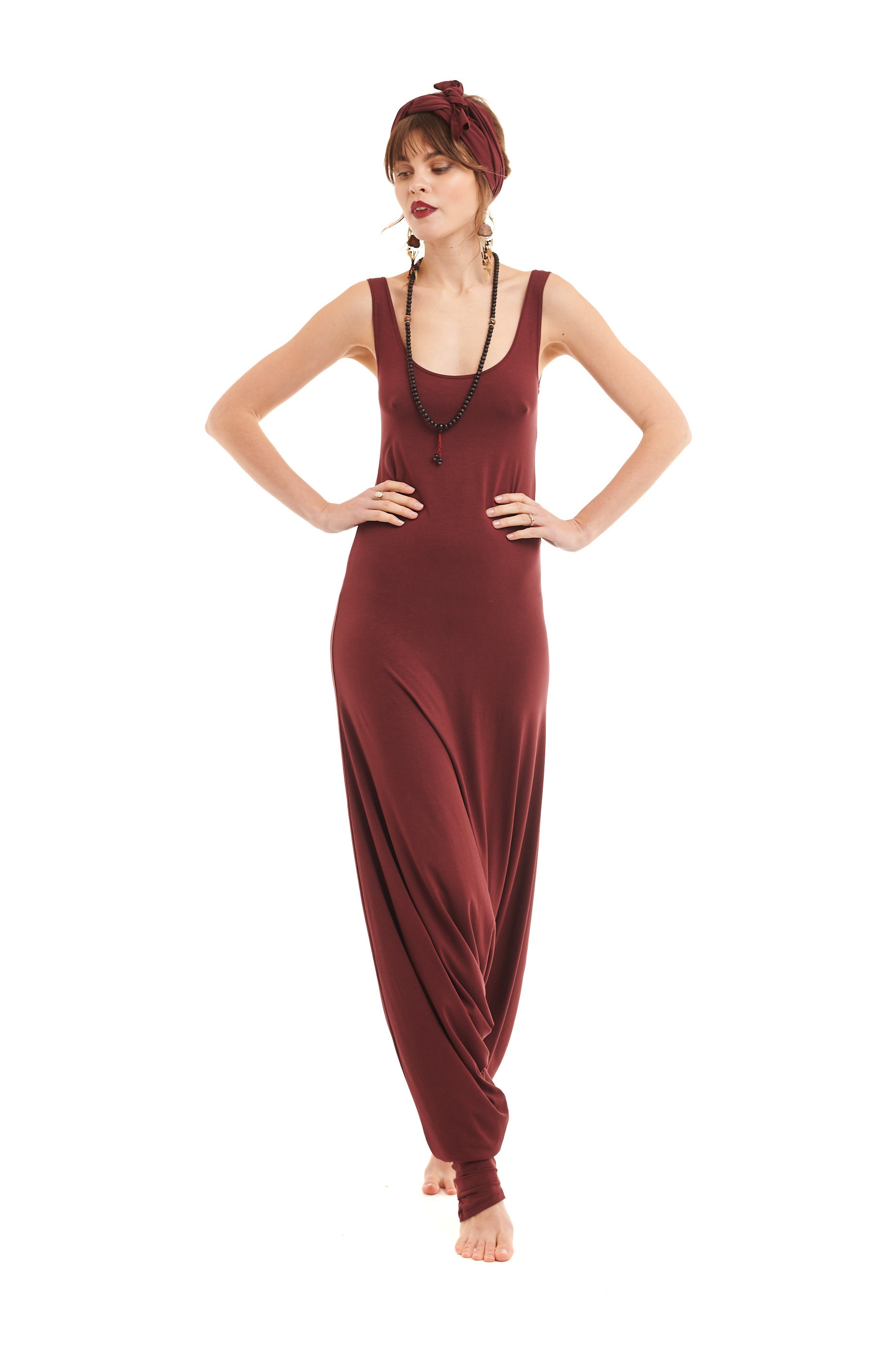 Image of Bamboo Fitted Jumpsuit Burgundy \ Romper Sleeveless Super Soft Onesie Yoga Wear One Piece Plus Size