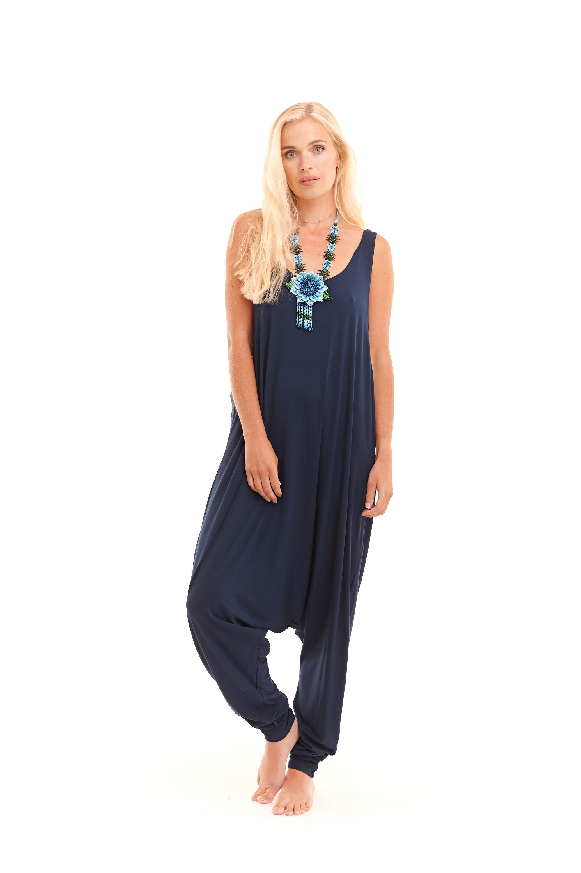 Image of Bamboo Baggy Jumpsuit Navy \ Romper Sleeveless Super Soft Onesie Yoga Wear One Piece Plus Size