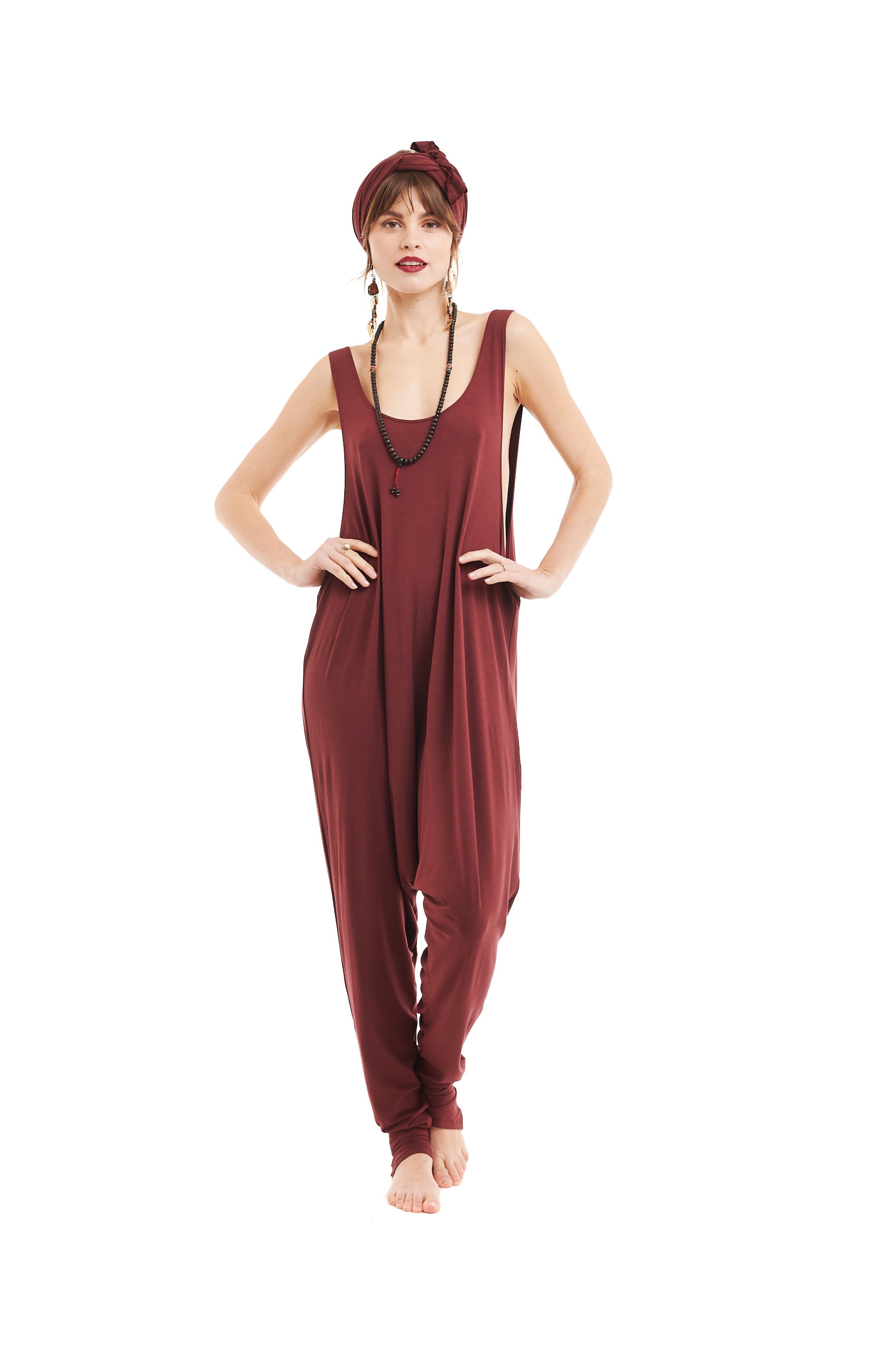 Image of Bamboo Baggy Jumpsuit Burgundy \ Romper Sleeveless Super Soft Onesie Yoga Wear One Piece Plus Size