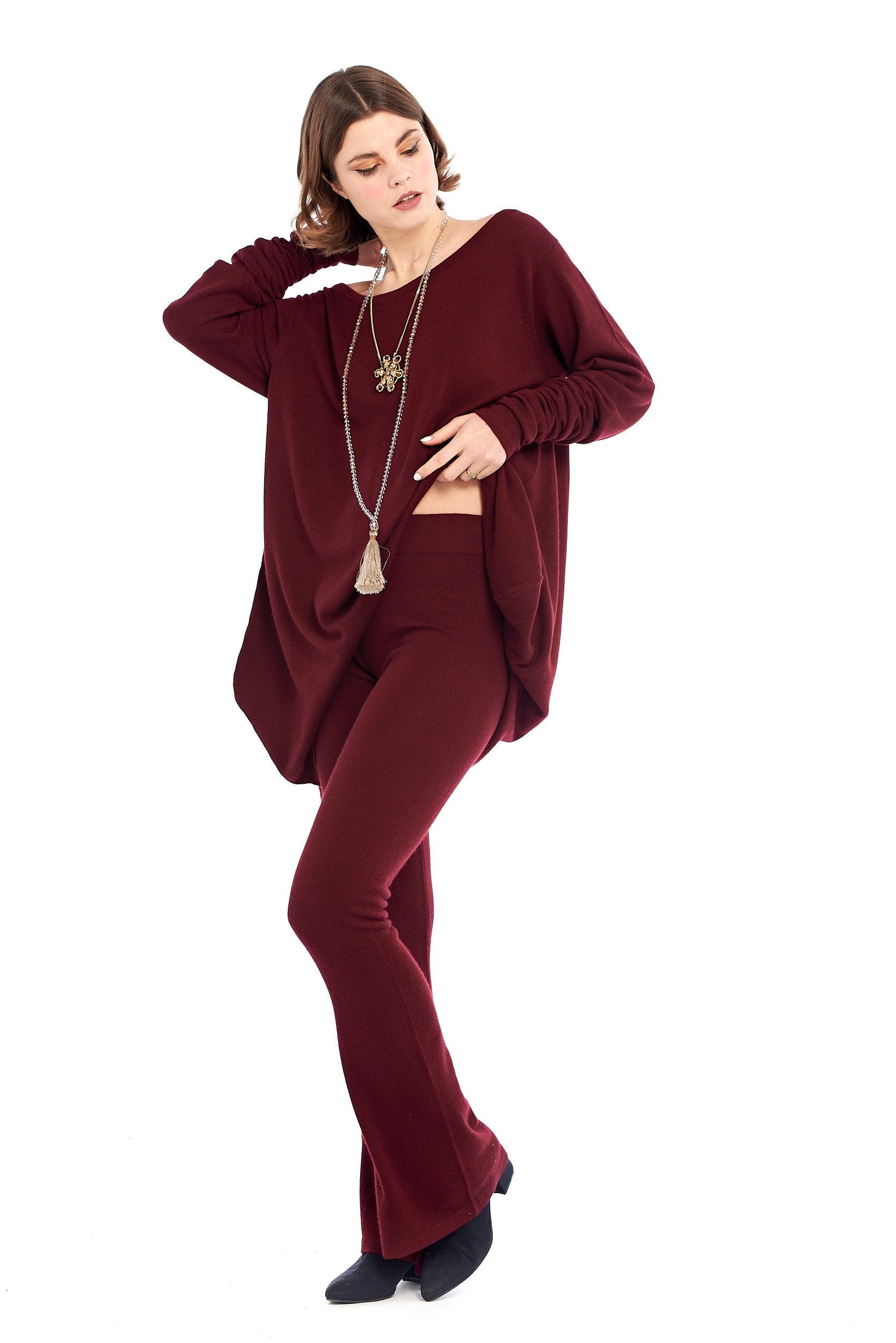 Image of % Pure Mongolian Cashmere Soul Flared Pants Burgundy \ Trousers Yoga Soft Luxury Yarn Merino