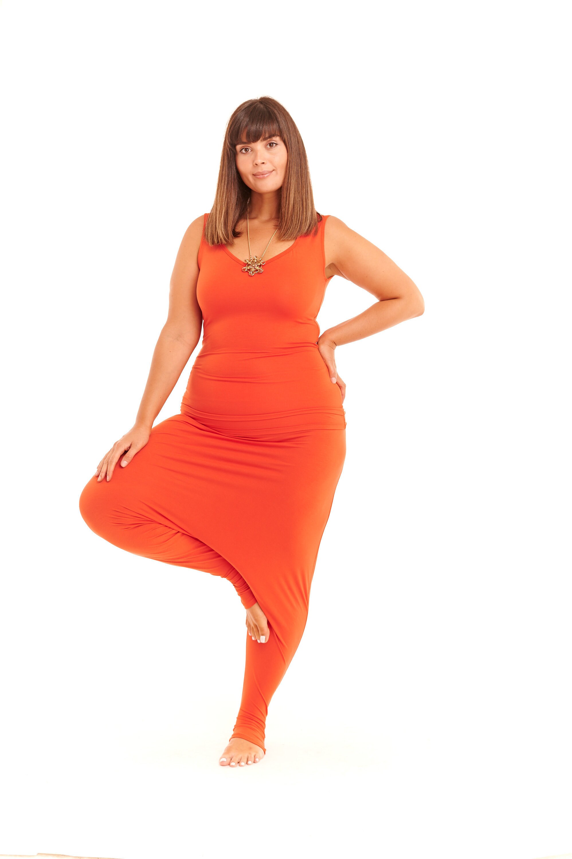 Image of Bamboo Long Vest Top-Dress Orange \ Eco Friendly Yoga Fitted Gym Workout Tantra Tantric Top No Sweat Basic