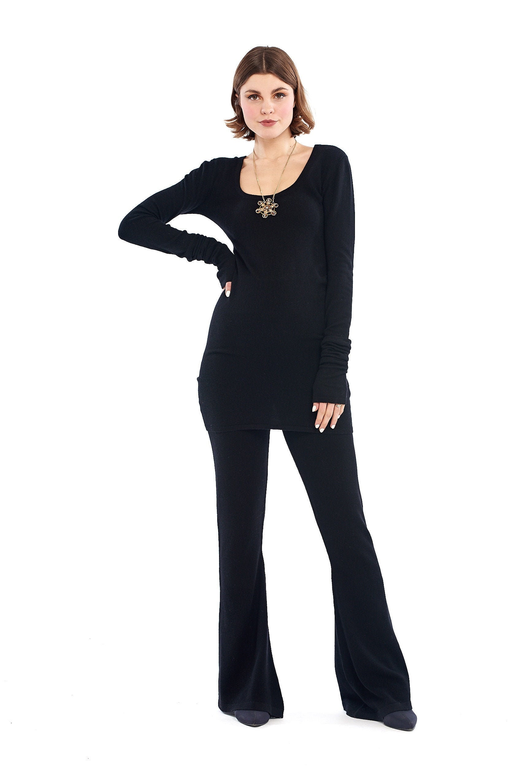 Image of % Pure Mongolian Soul Flared Pants Black \ Trousers Yoga Soft Luxury Yarn Merino