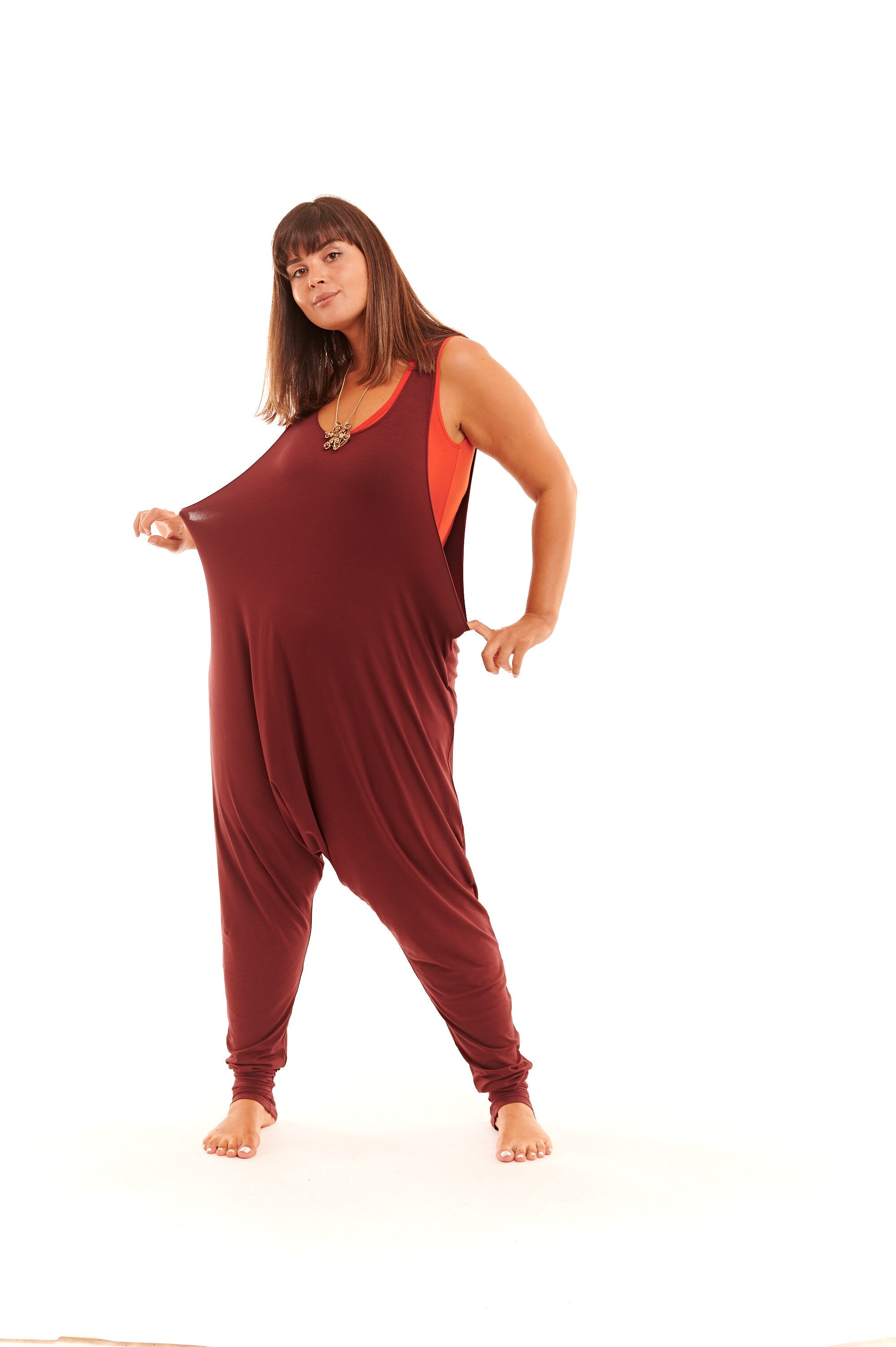 Image of Bamboo Baggy Jumpsuit Burgundy \ Romper Sleeveless Super Soft Onesie Yoga Wear One Piece Plus Size Kundalini