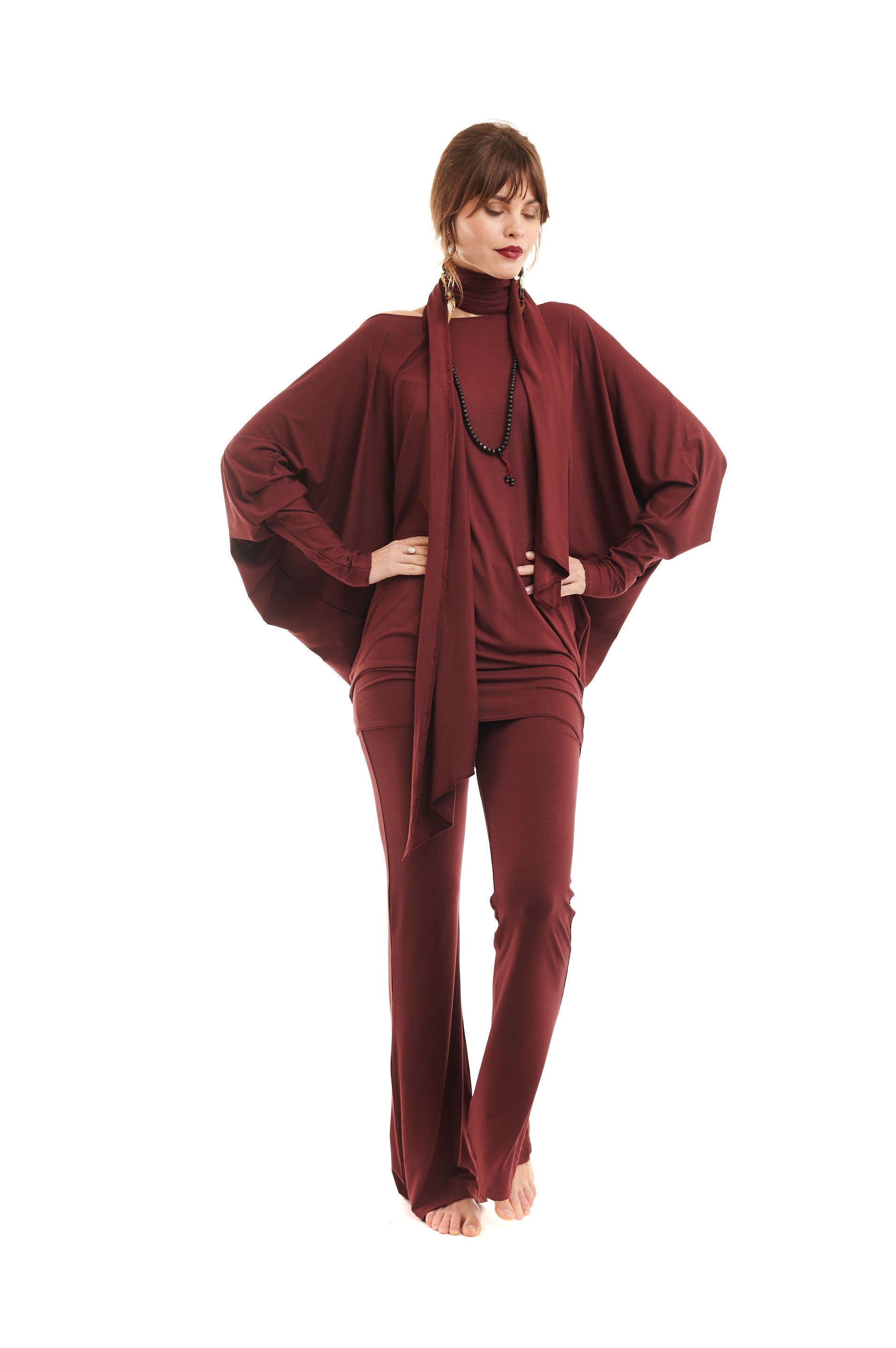 Image of Bamboo Raglan Top Burgundy \ Yoga Wear Wrap Lightweight Kimono Jacket Asymmetric Elegant Tantra Versatile Kundalini
