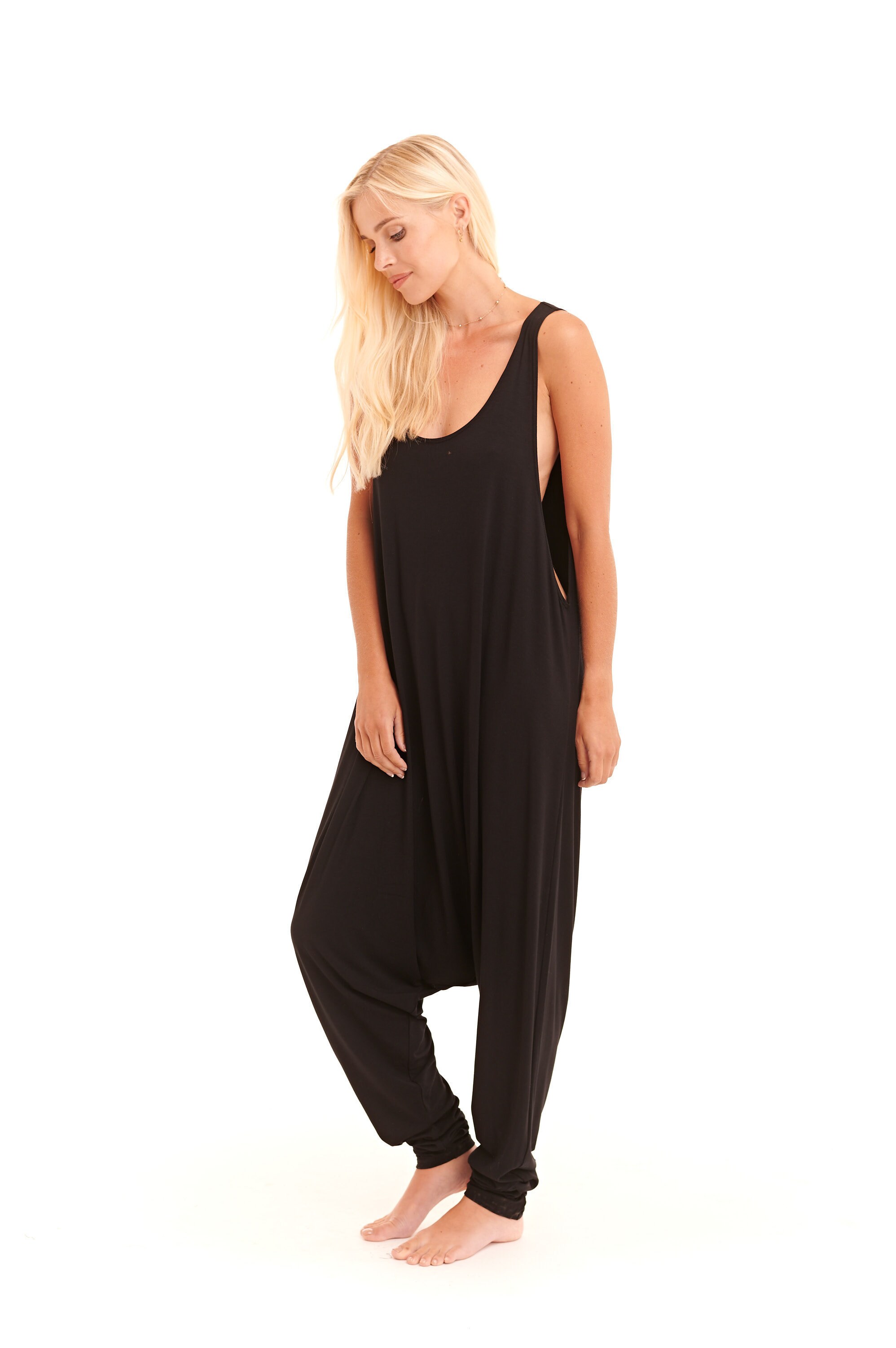 Image of Bamboo Baggy Jumpsuit Black \ Romper Sleeveless Super Soft Onesie Yoga Wear One Piece Plus Size